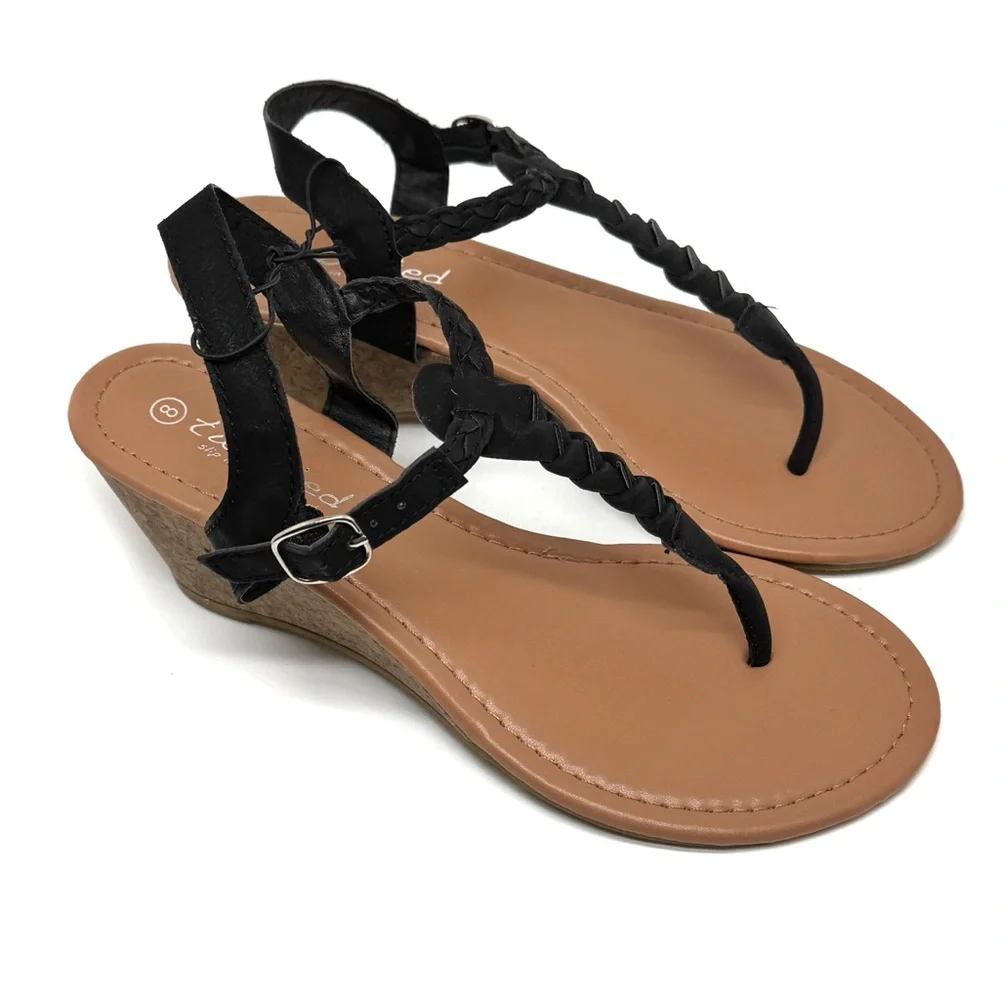 Twisted Riley T-strap Wedge Sandal Black Braided Thong Sandals Size 8